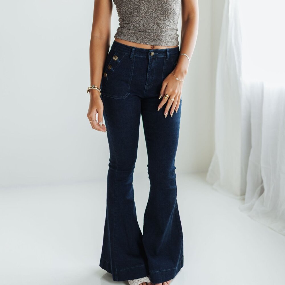 Dark Wash Side Button Flare Jeans High Rise Stretch Western Retro Size